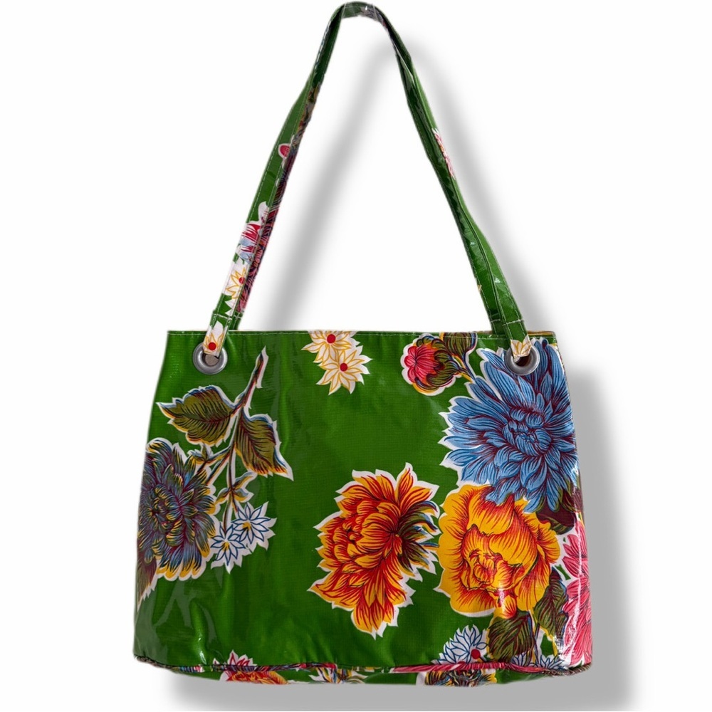 Tanner Bananer Vintage Oilcloth Floral Tote Bag Green Gingham Lined USA